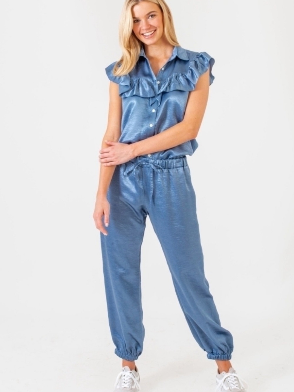 Satin Jogger Pants in Dusty Blue